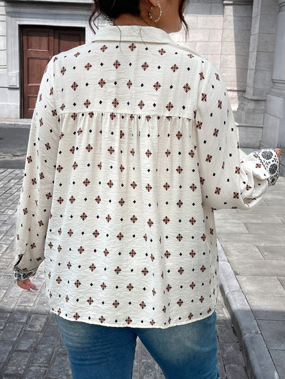 Women Shirt Top Beige Printing Hollow Out Cutout Design Polo Collar Casual Top