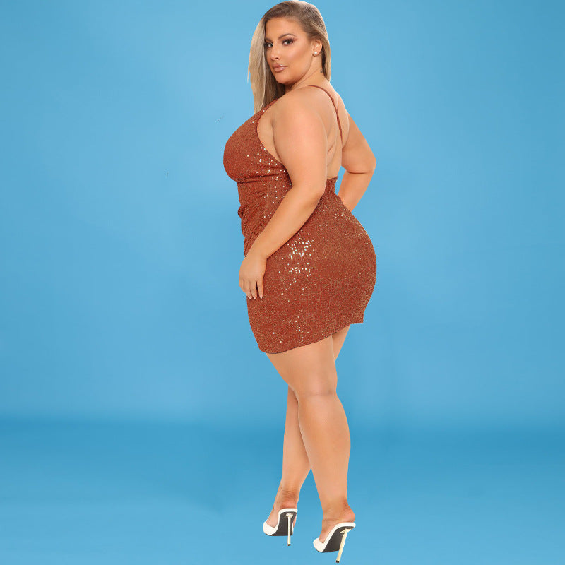 Plus Size Women Clothing Autumn Embroidery Beads Sexy Halter Dress