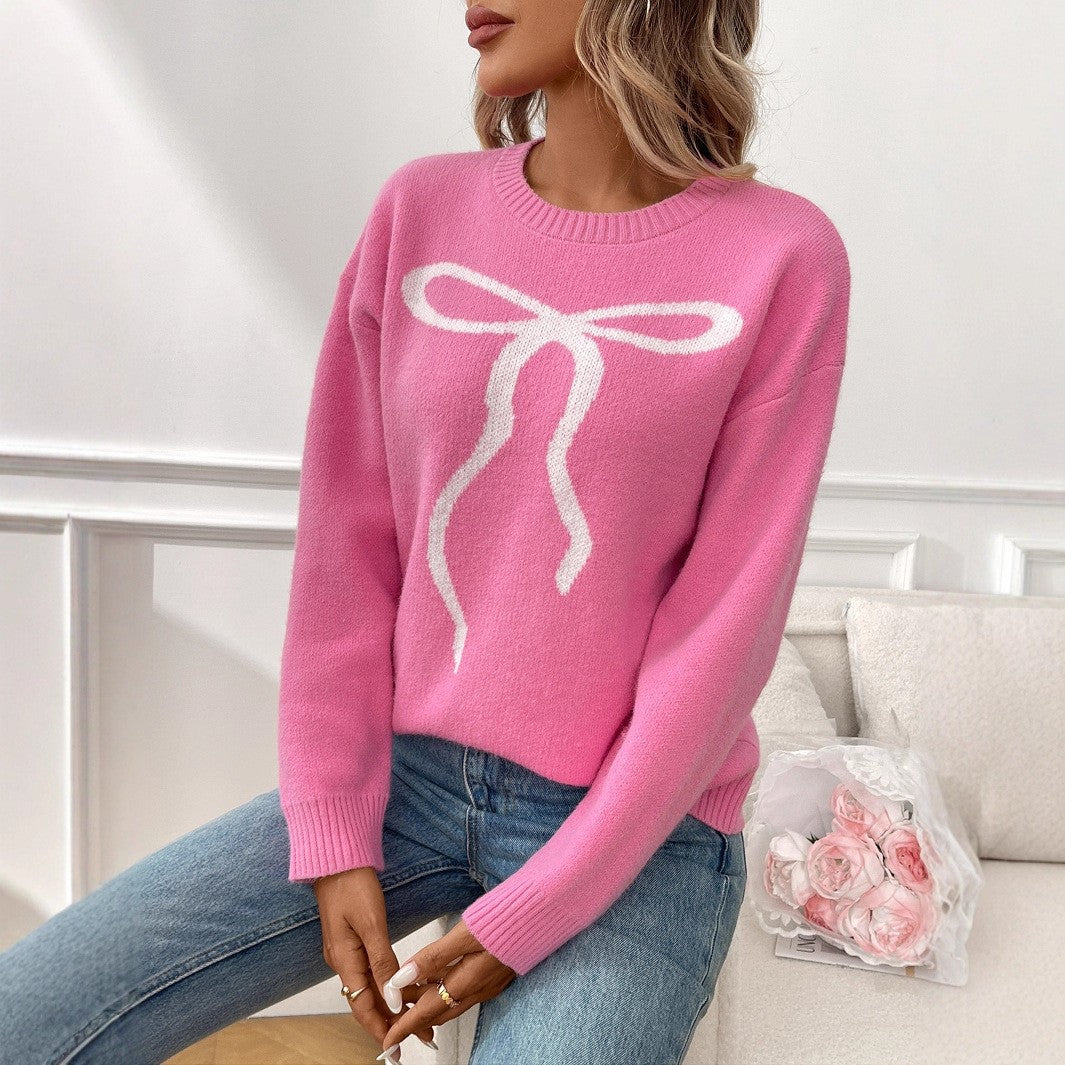 Women Clothing Retro Casual Bow Brocade Sweater