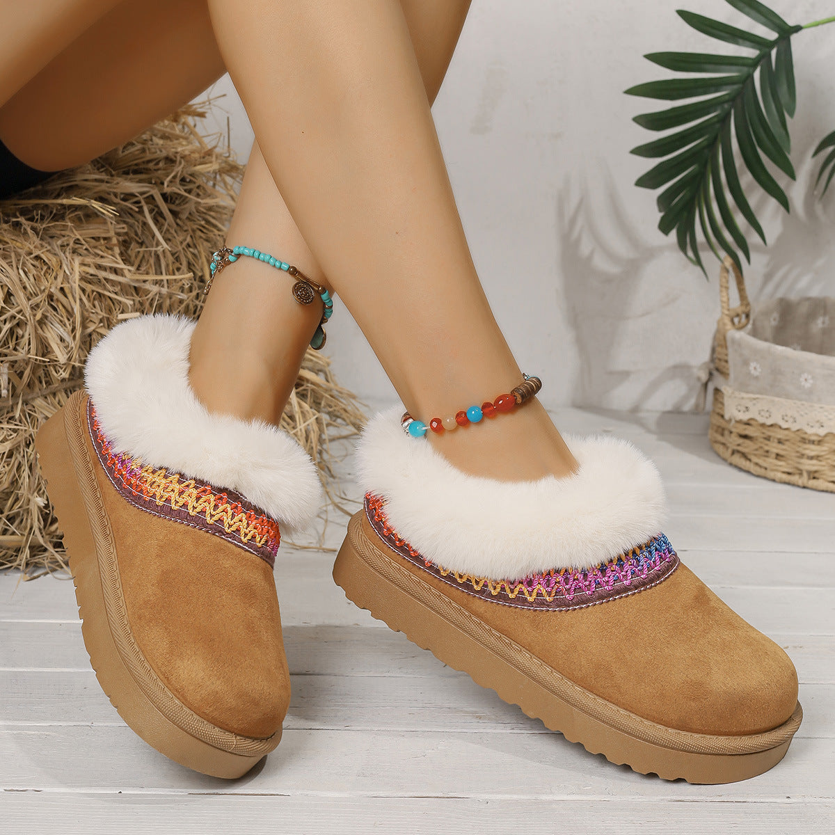 Winter Knitted Belt Wool Mouth Short Snow Boots Women Thick Bottom Thickened Fleece lined Platform Slip on Cotton Shoes