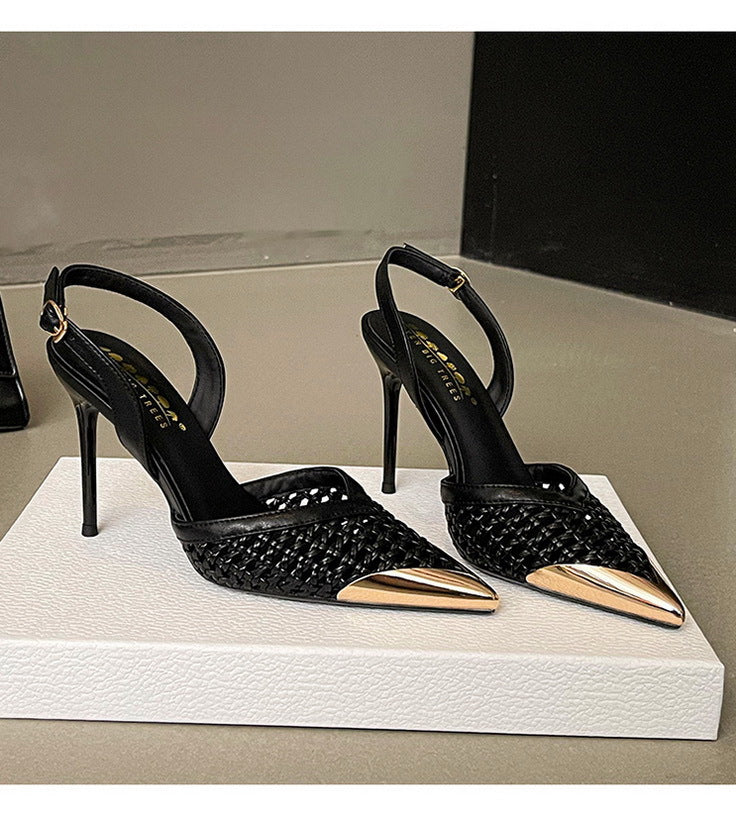Hollowed out Woven Stiletto Sandals Women High Grade Metal Pointed Toe Strap High Heels - GLAMWEARS