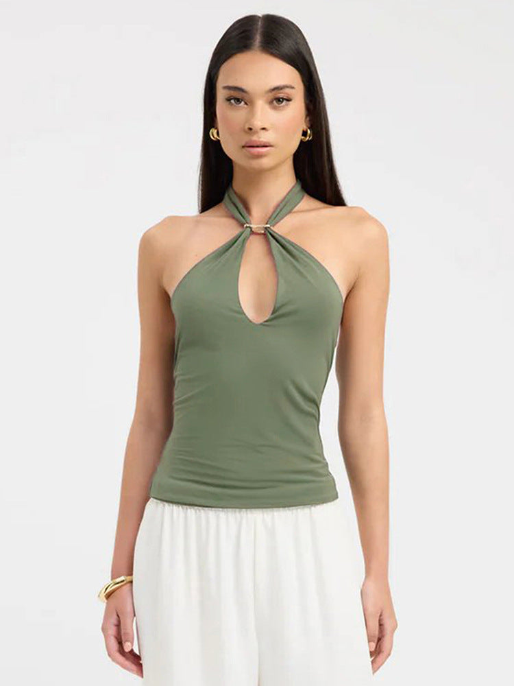 Women Clothing Sleeveless Backless Perforated Hollow Out Cutout out Halter Strap Tight Vest Top