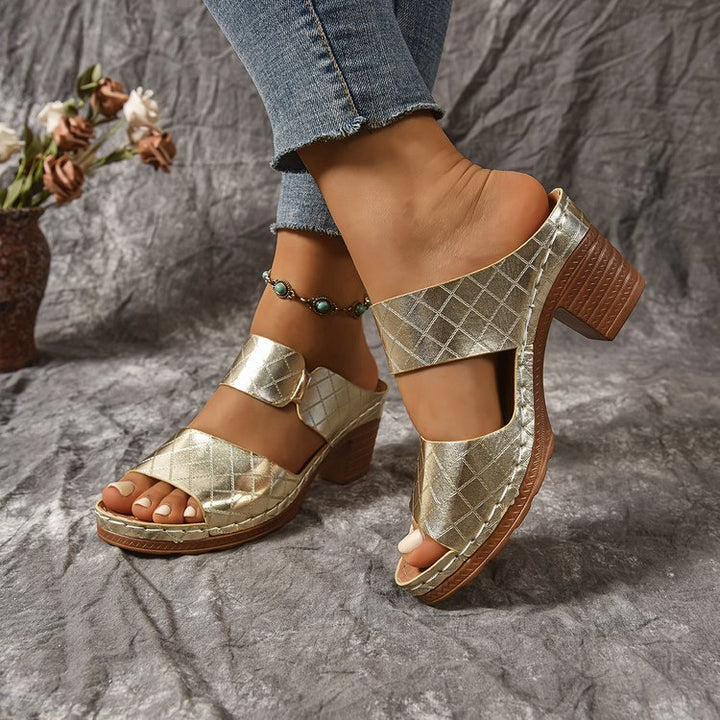 Open Toe High Heel Slippers Women Chunky Heel Embossed Sandals - GLAMWEARS