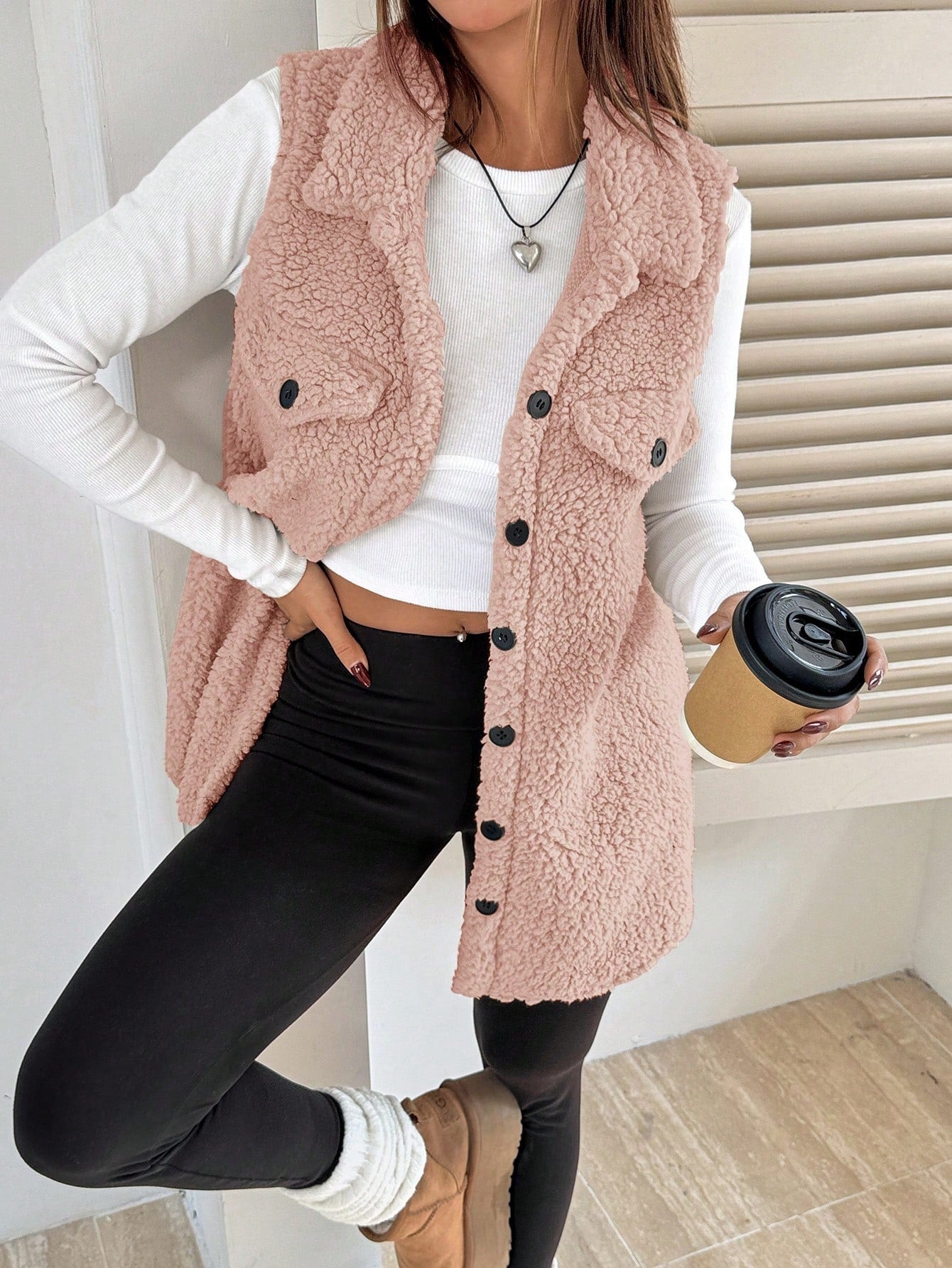 Fall Winter Lapels Open Buckle Plush Vest Cardigan Loose Office Faux Cashmere Women