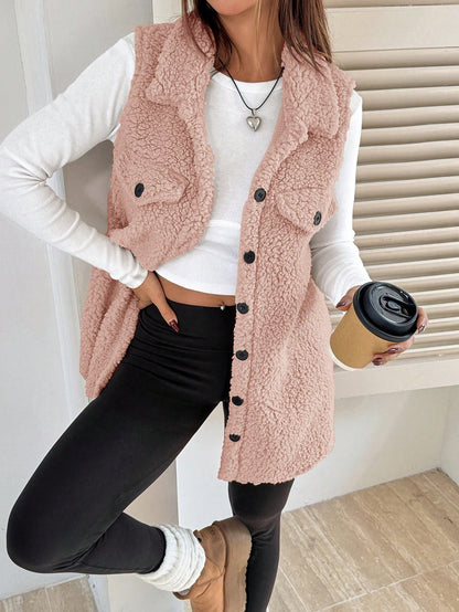 Fall Winter Lapels Open Buckle Plush Vest Cardigan Loose Office Faux Cashmere Women