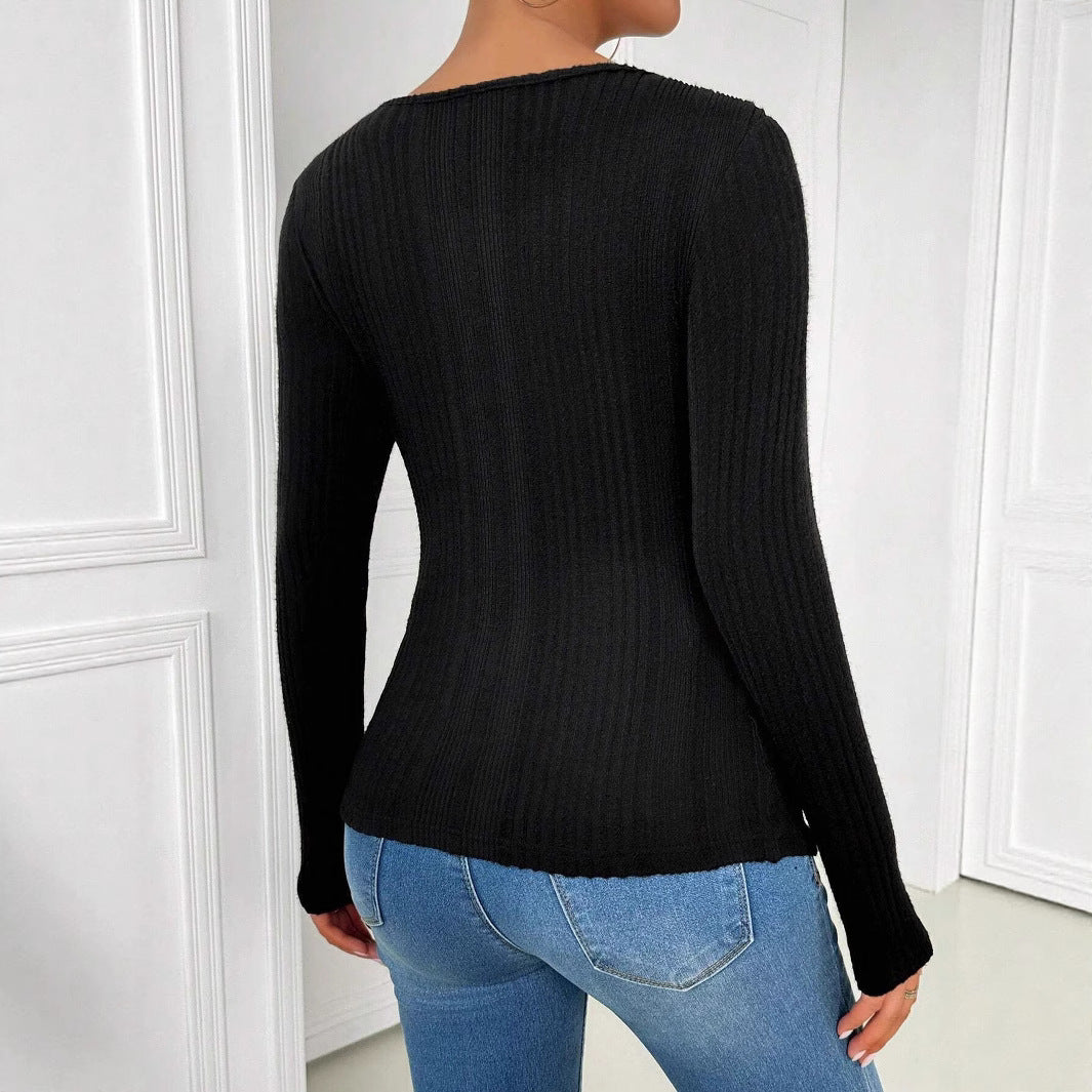 Autumn Women Asymmetric Collar Hollow Out Cutout Design Long Sleeved T shirt Top for Women
