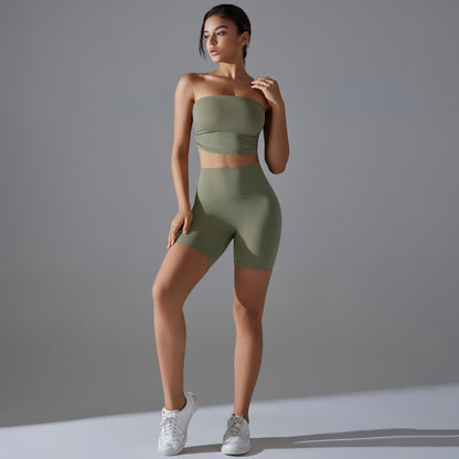 Celebrity One Piece Pleated Tube Top High Waist Hip Lift Zero Sense Wear Free Underwear Sports Shorts Fitness Yoga Set Women