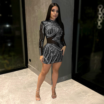 Women Wear Sexy Mesh Drilling See through Slim Fit Dress