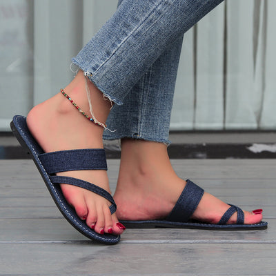 Flat Bottom Toe Ring Slippers Women Simple Knitted Belt Lightweight Beach Slippers Slippers
