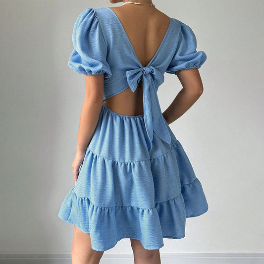 Women Elegant Fresh Sweet Dress Summer Square Collar Backless Design High Waist A line Dress