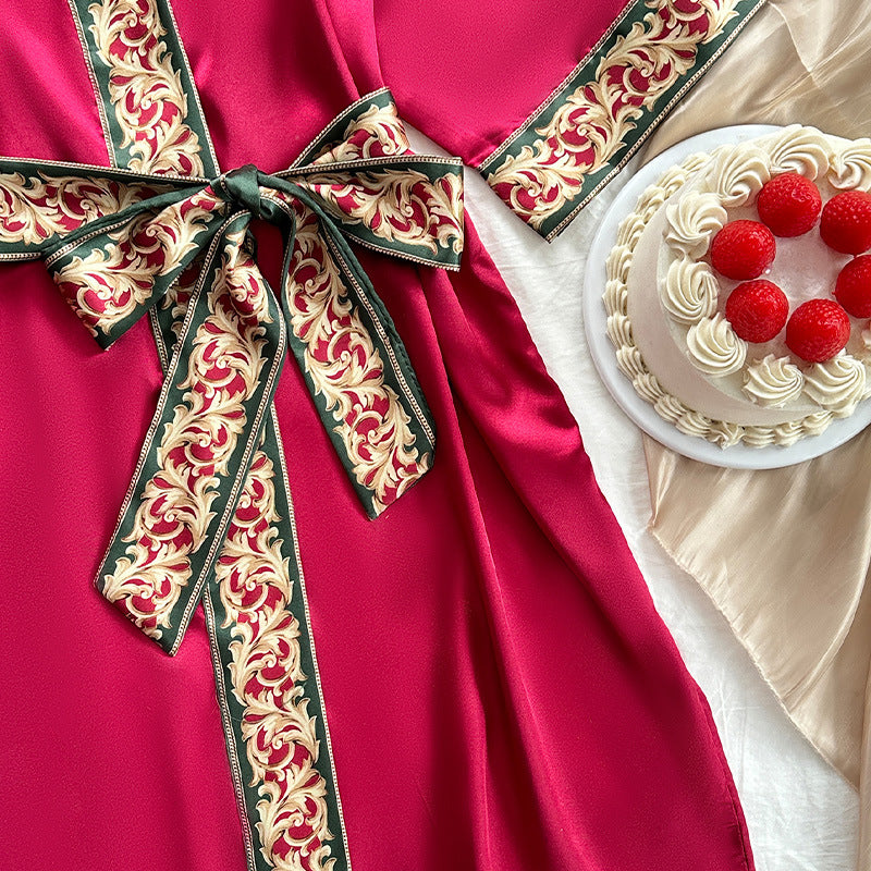 Ice Silk Nightdress Four Seasons Simplicity Homewear Sexy Mid Length to Long Cardigan Nightgown Bathrobe Women Chinese Nightgown