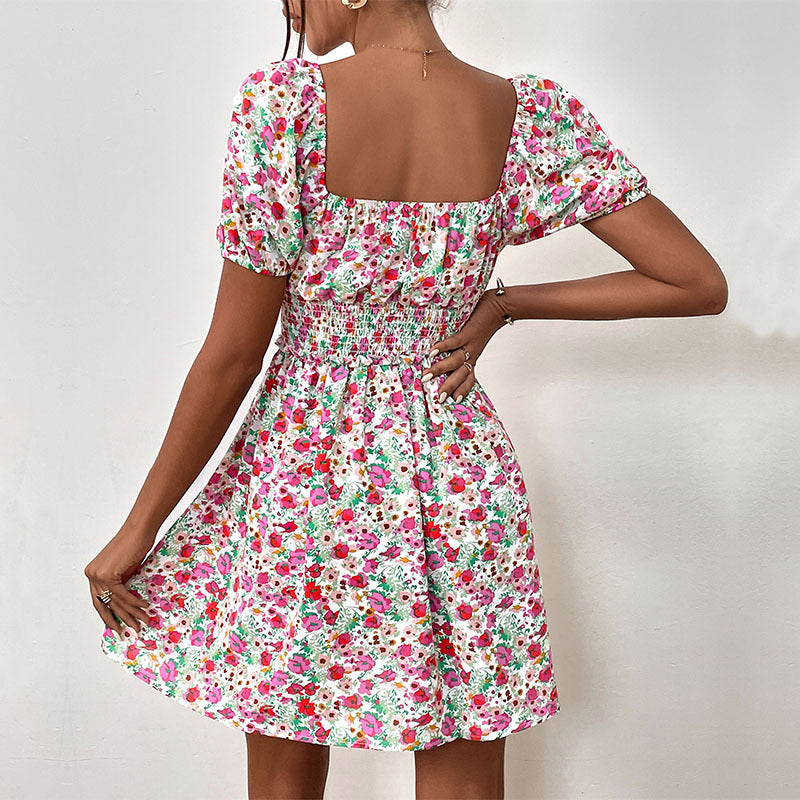Summer Floral Waist Puff Sleeve Stitching Dress