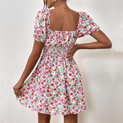 Summer Floral Waist Puff Sleeve Stitching Dress