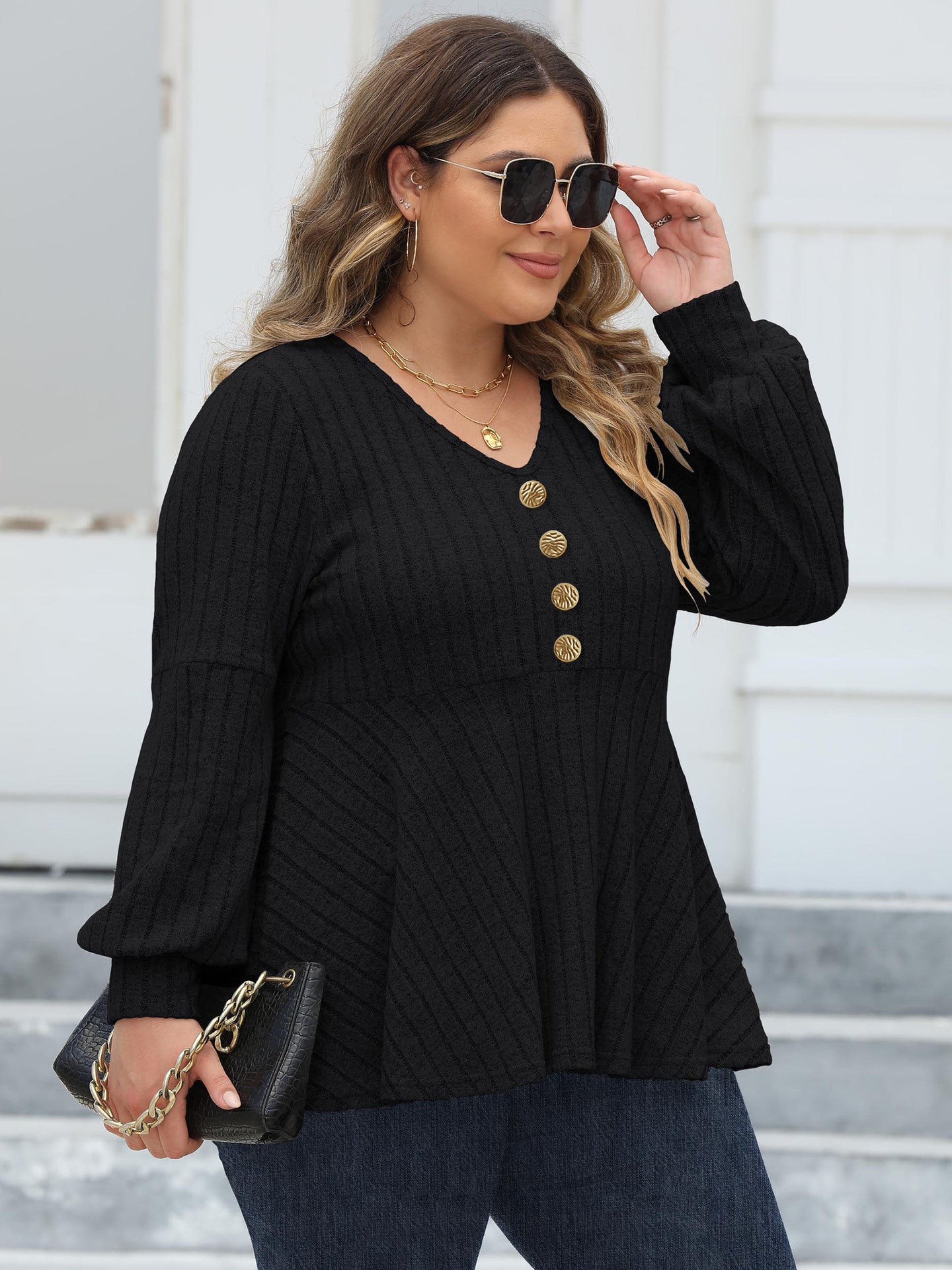 Women Tops plus Size Women Doll Shirt V neck Sunken Stripe Fleece Lantern Sleeve T shirt Gold Fastener Decoration Top