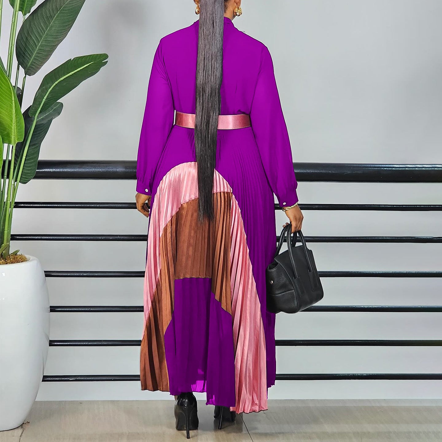 Women Clothing Tie Color Matching Pleated Dress Elegant Plus Size Dress