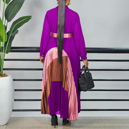 Women Clothing Tie Color Matching Pleated Dress Elegant Plus Size Dress