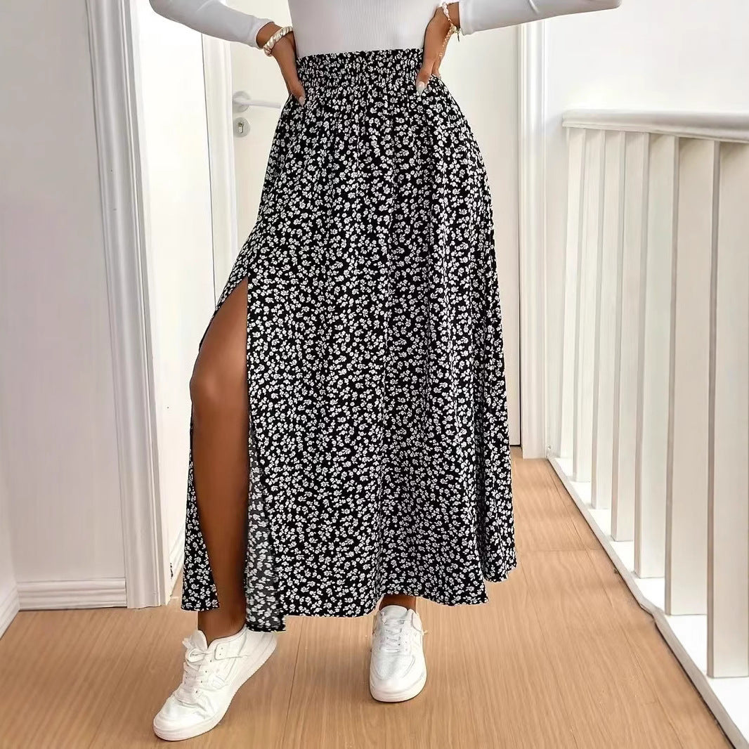 Fall Floral Skirt Split A line Sheath Mid Waist Dress