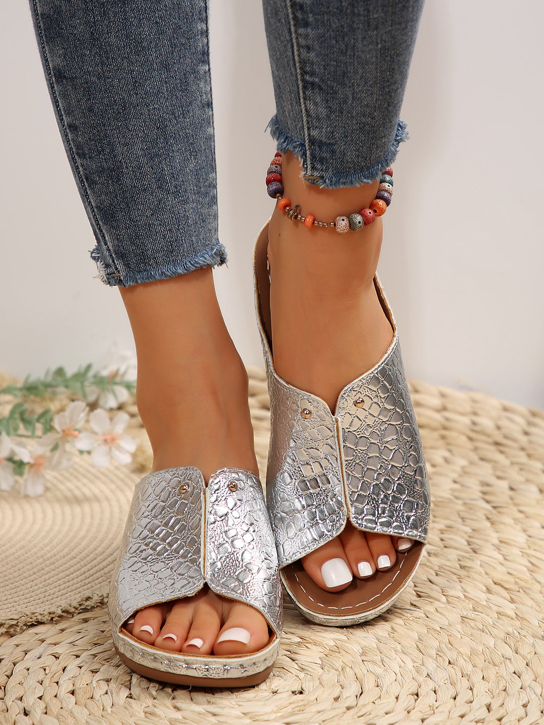 Thick Bottom Peep Toe Slippers Women Stone Pattern Wedge Beach Slippers - GLAMWEARS