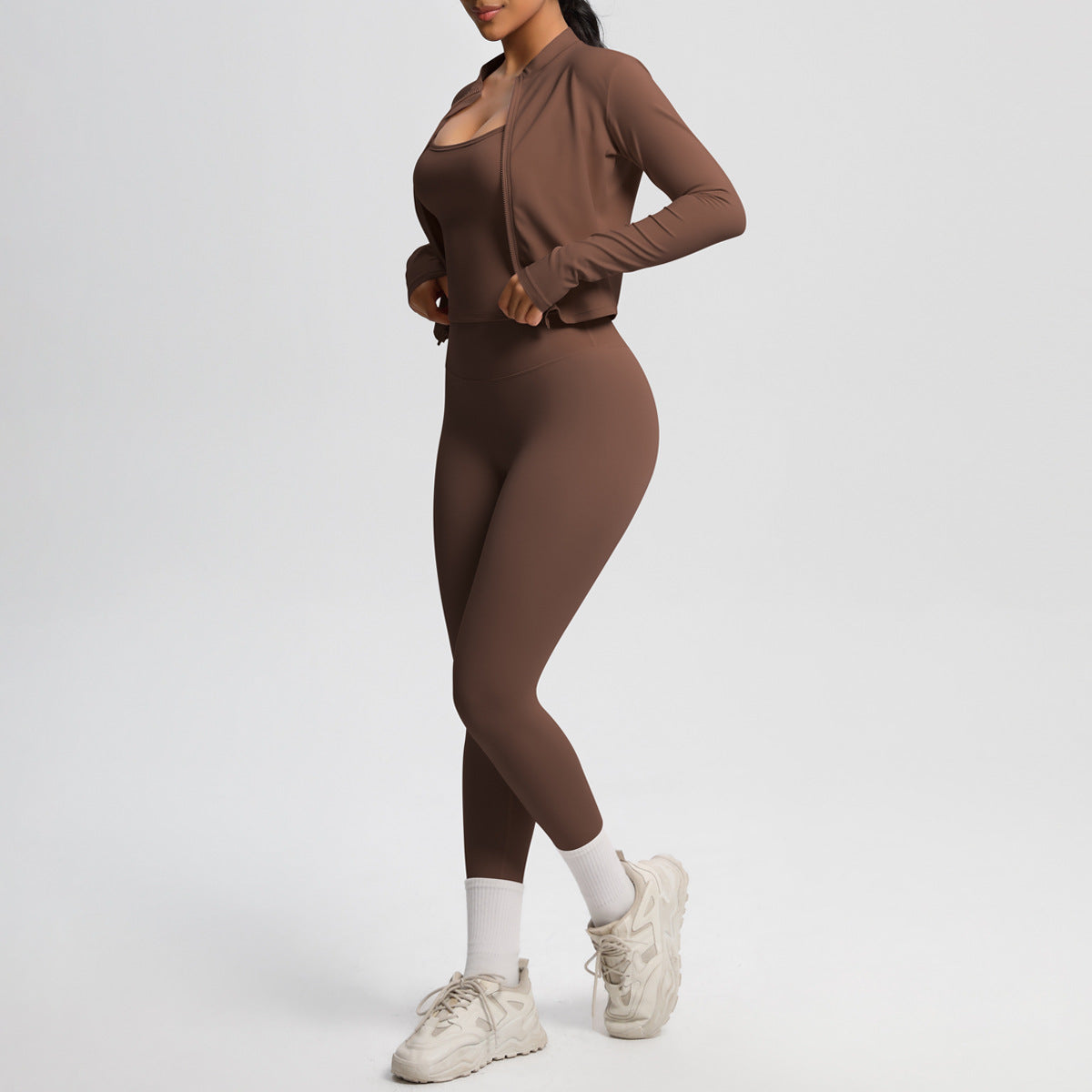 Skinny Yoga Pants High Waist Nude Feel Camisole Sports Zip Long Sleeve Coat Workout Clothes Three Piece Set