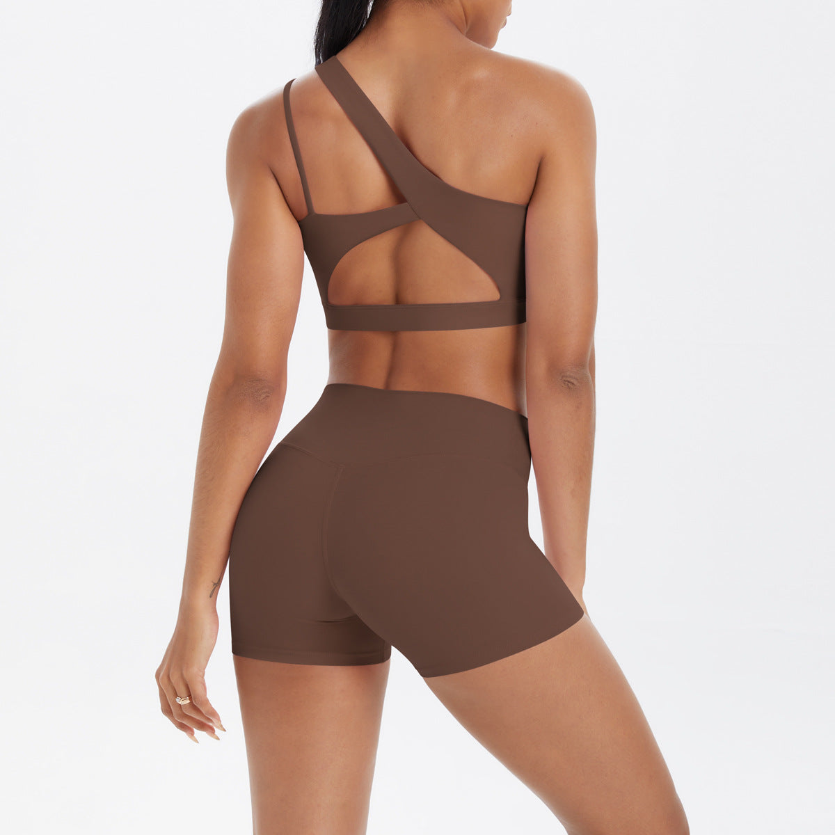 Oblique One Shoulder Beauty Back Yoga Bra Nude Feel Sports Bra Strap Running Workout Vest Shorts Set Women