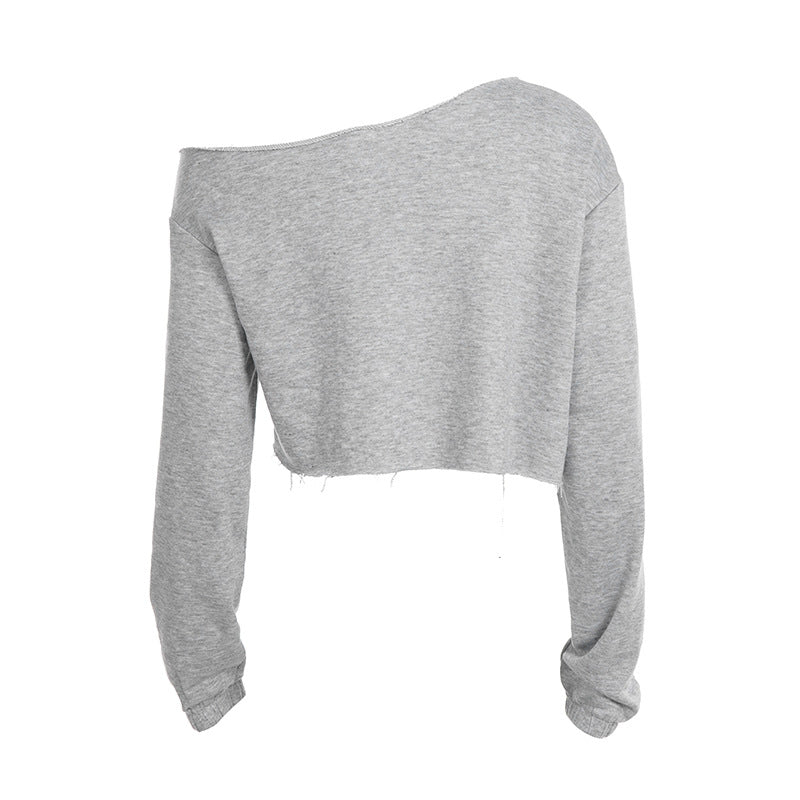 Forget Street Personality Oblique Shoulder Solid Color Loose Fitting Cropped Long Sleeve Sweater Sexy Slim Fit Casual Sweatshirts