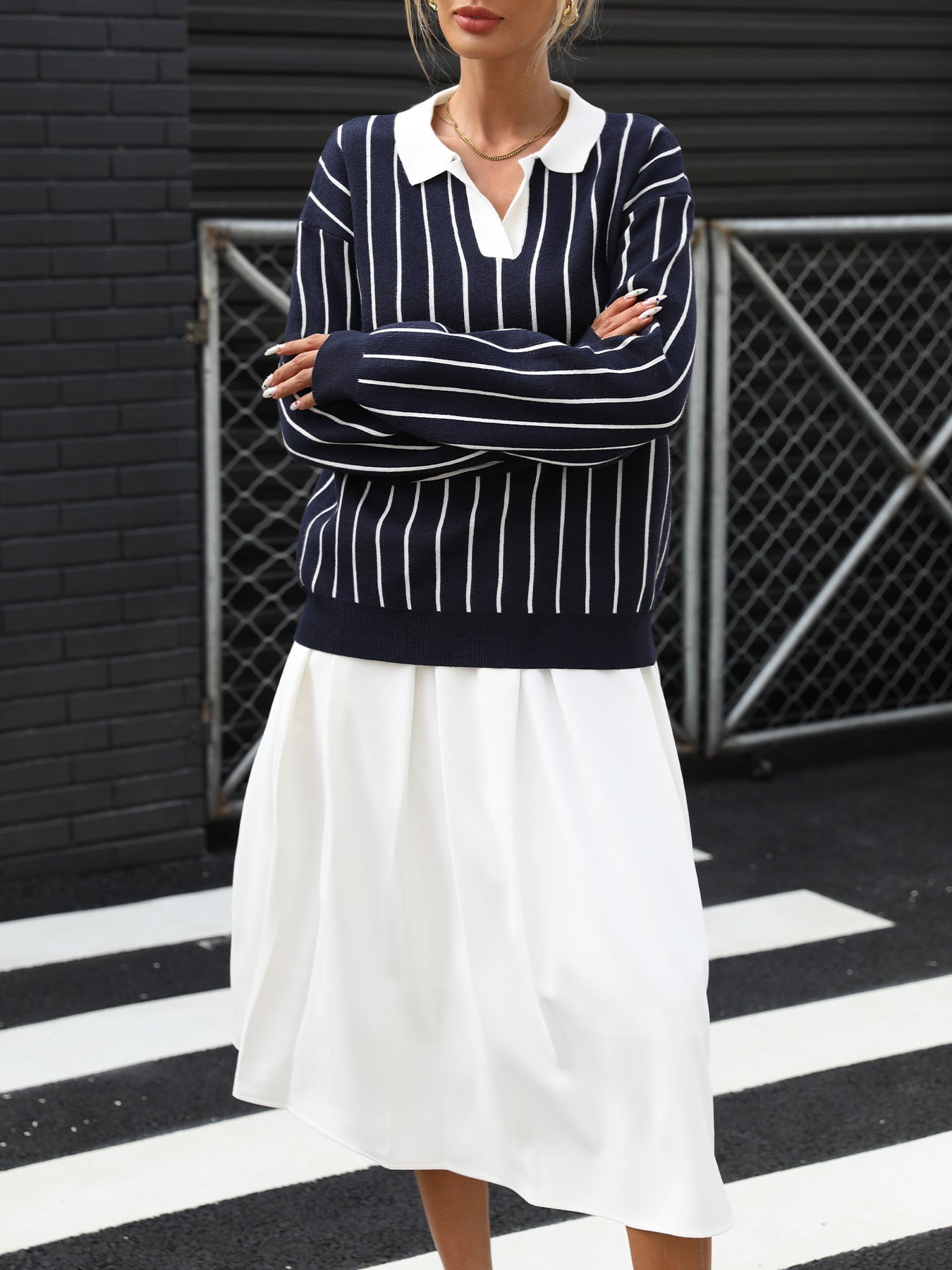 Autumn College Casual Street Trendy Polo Collar Stripes Women Sweater
