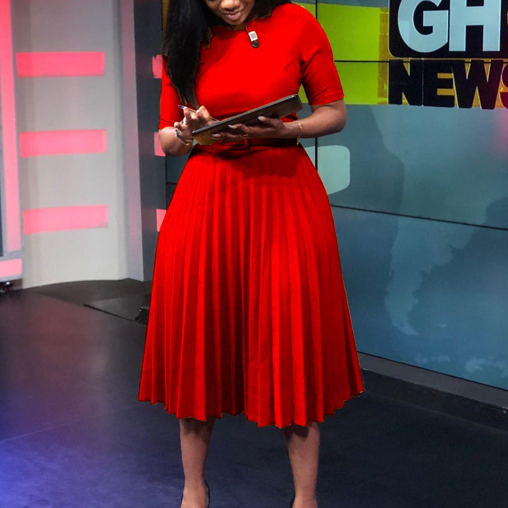 With Belt African plus Size Women Clothing High Waist Pleated Dress