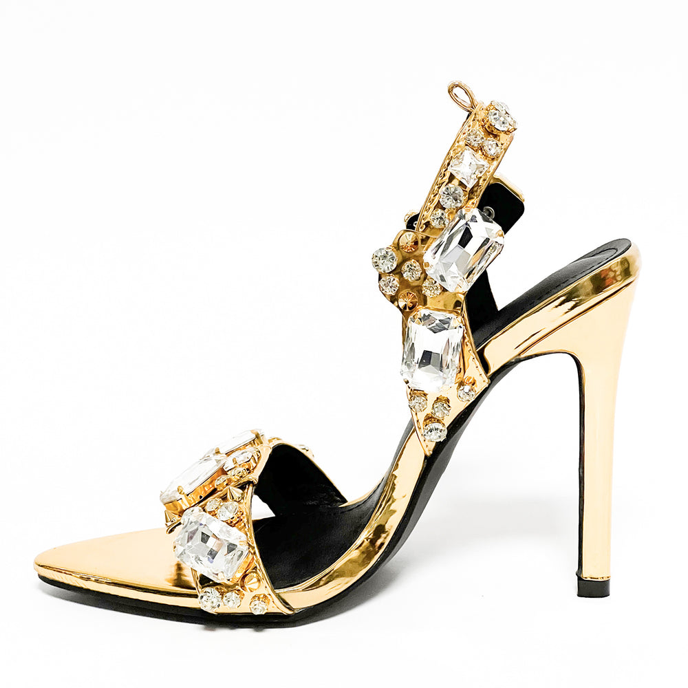 11cm Pointed Gold Rivet Rhinestone Stiletto Heels Summer Sandals Plus Size Shoes - GLAMWEARS