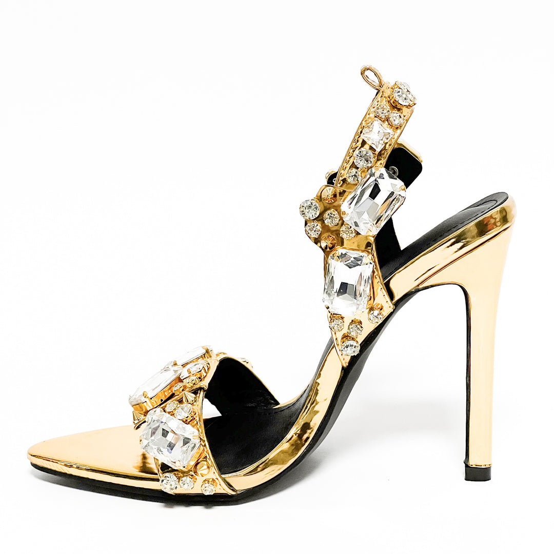 11cm Pointed Gold Rivet Rhinestone Stiletto Heels Summer Sandals Plus Size Shoes - GLAMWEARS
