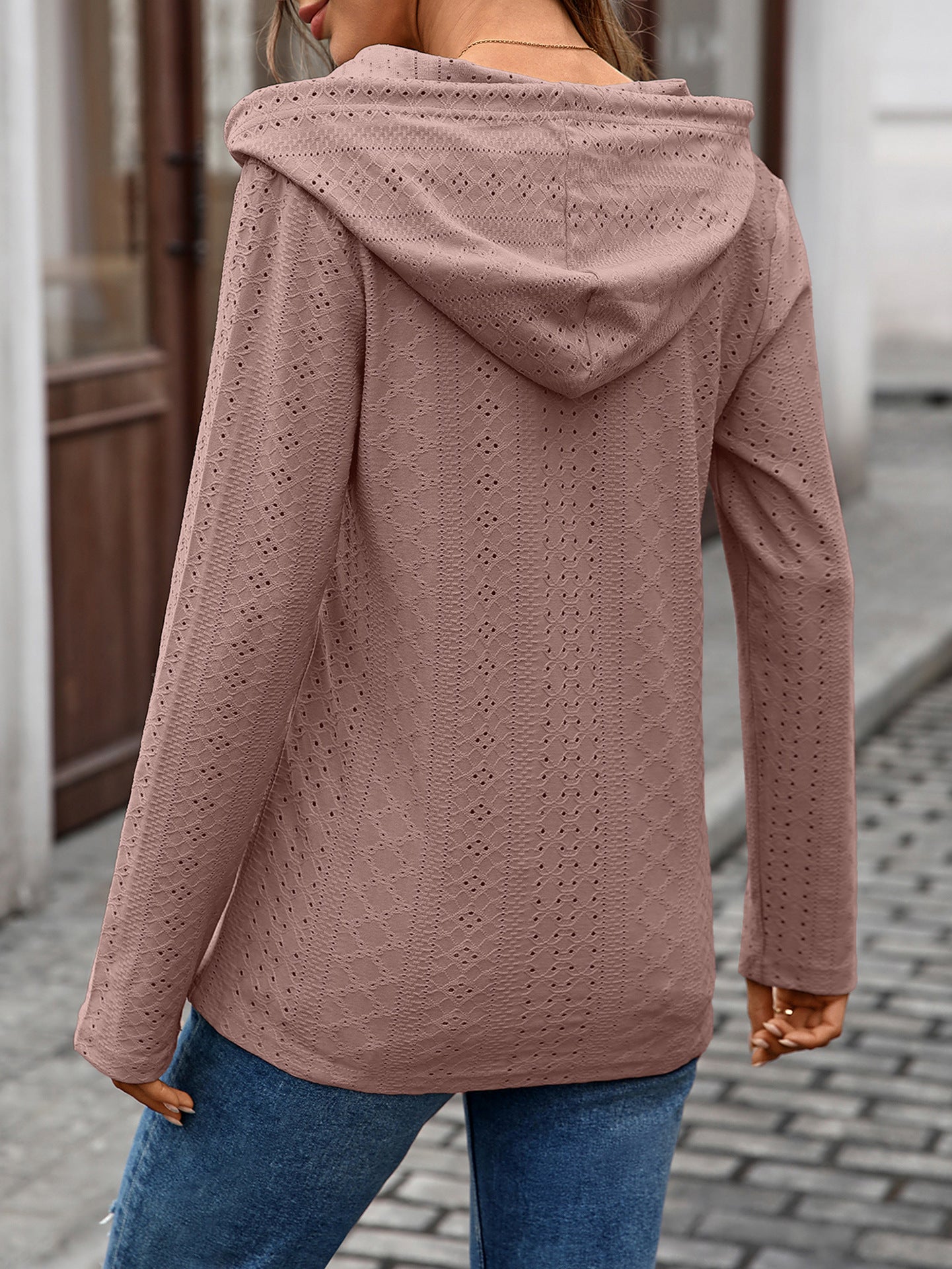 Autumn Winter Solid Color Buttons Hooded Loose Long Sleeves Sweater Top Women