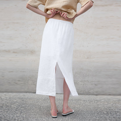 Pure Linen Stitching Hollow Out Cutout Skirt Summer Loose Straight Elastic Waist Skirt Back Slit Retro A line Skirt