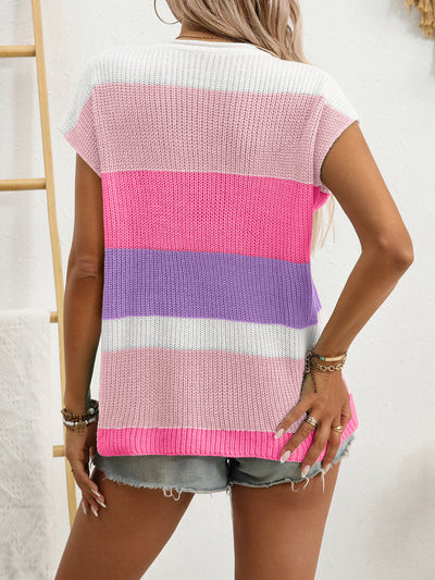 Summer Women Clothing Small U Collar Dopamine Contrast Color Casual Sweater with Short Sleeves