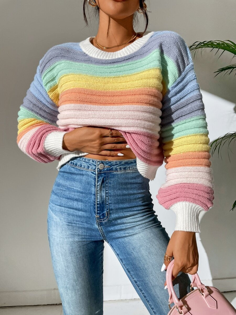 Autumn Winter Elegant Elegant Spliced Sweater Rainbow Striped Lantern Sleeve Knitted Pullover