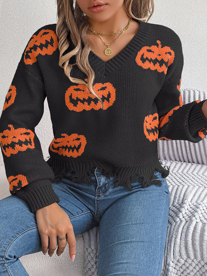 Autumn Winter Halloween Contrast Color Pumpkin Cut Rotten Long Sleeve Pullover Women Clothing