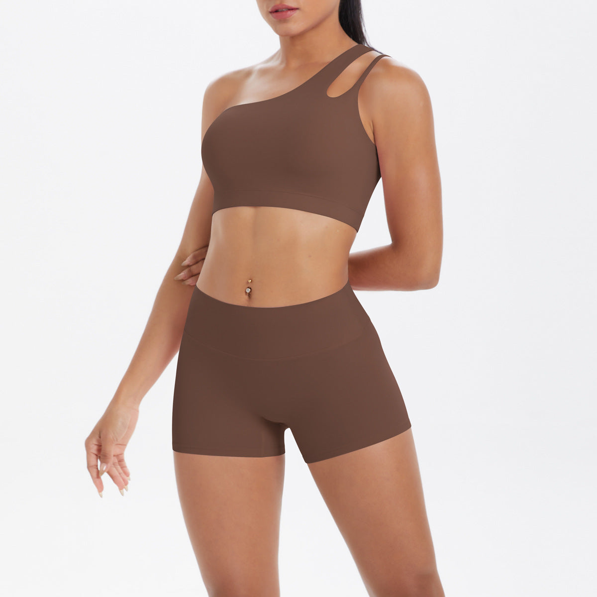 Oblique One Shoulder Beauty Back Yoga Bra Nude Feel Sports Bra Strap Running Workout Vest Shorts Set Women