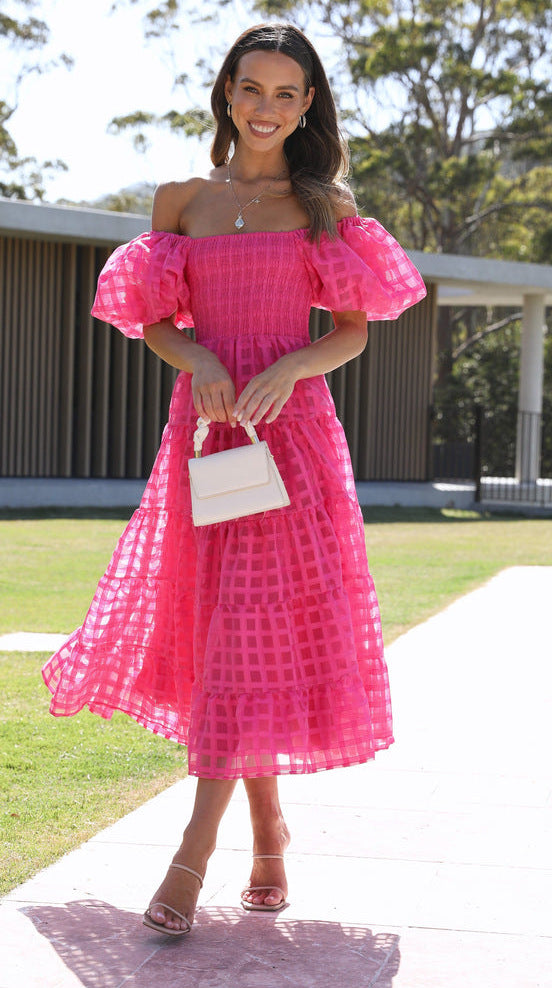 Women One Neck Lantern Sleeve Layer Stitching Dress