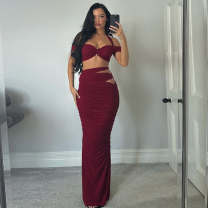 Summer Women Clothing Sexy Halter off Shoulder Spaghetti Straps Vest Slim Pleated Skirt Set