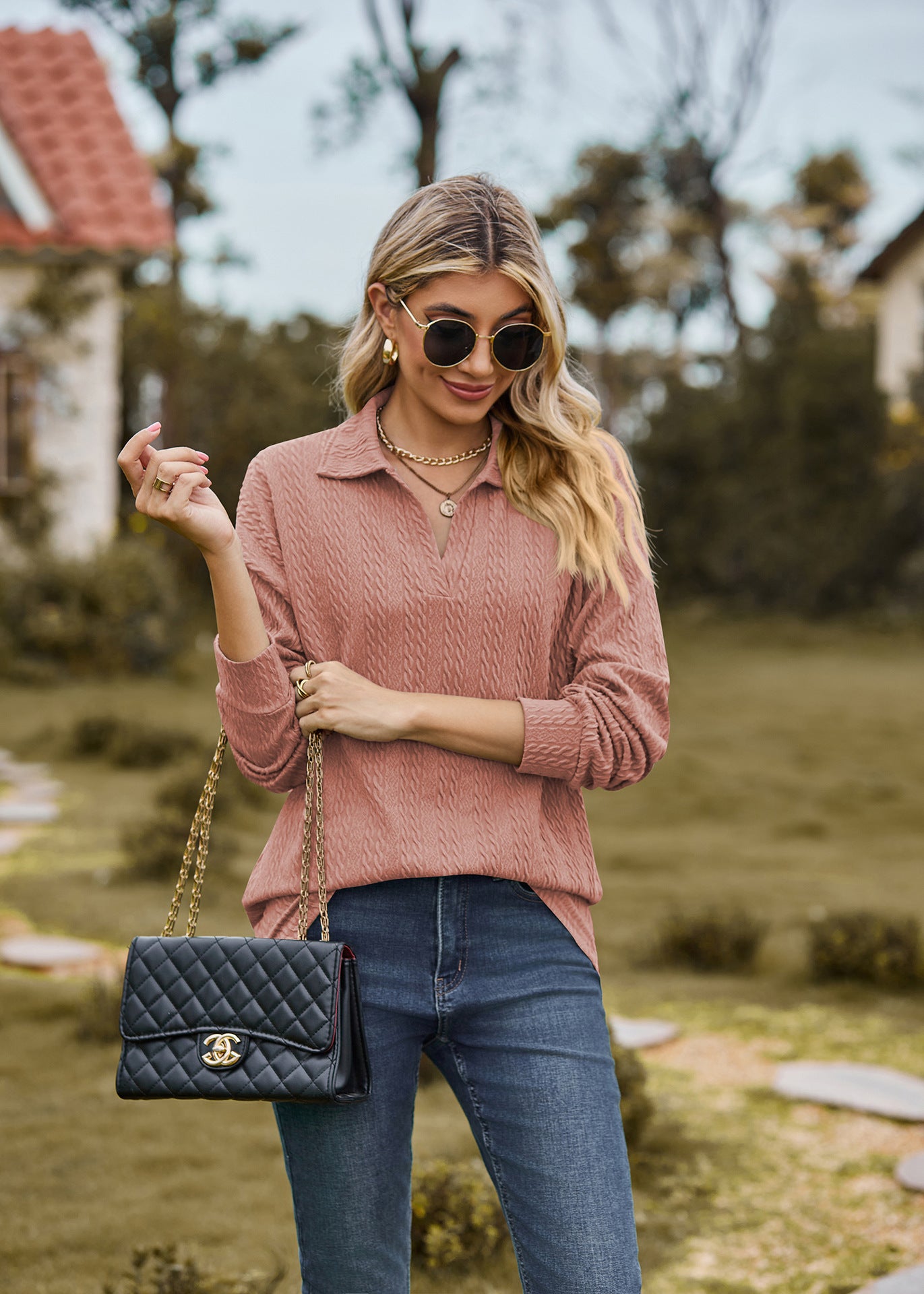 Autumn Winter Solid Color Polo Collar Loose Long Sleeve Sweatershirt Coat Women Jacket