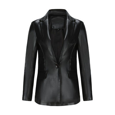 Small Long Sleeved Coat Women Single Button Office Casual Solid Color Leather Coat