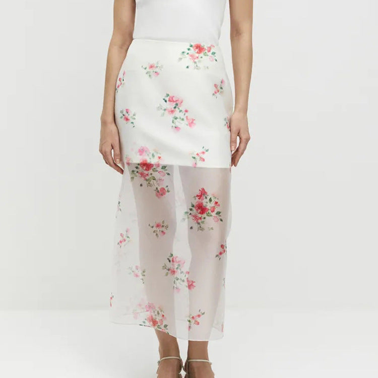 Arrival Digital Printing See through High Waist Slit Skirt Women Double Layer Office All Matching Hip Skirt