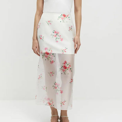 Arrival Digital Printing See through High Waist Slit Skirt Women Double Layer Office All Matching Hip Skirt