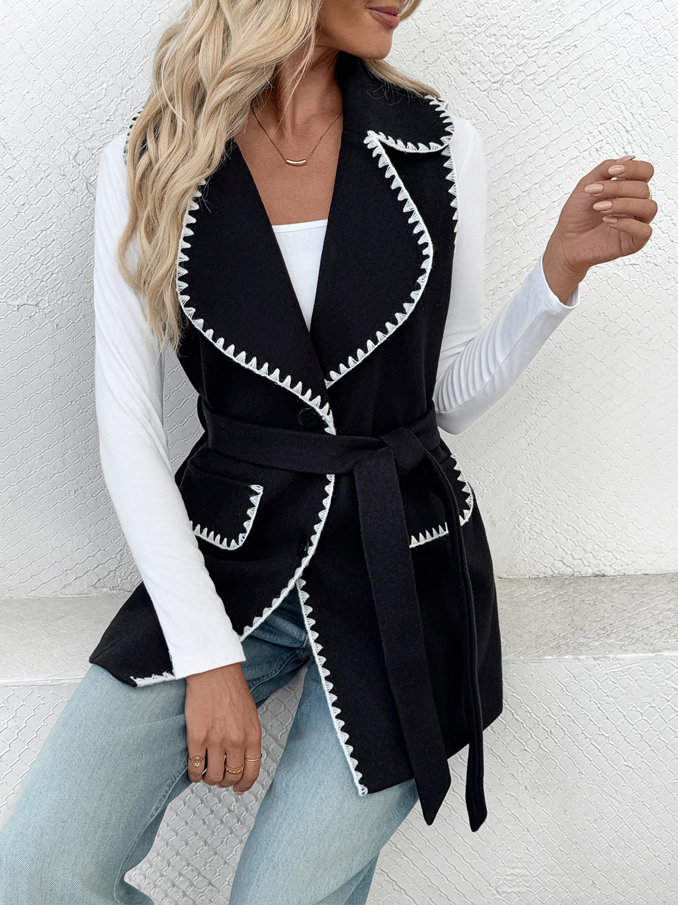 Casual Simple Lace up Cardigan Collared Contrast Color Trim Vest Coat Women