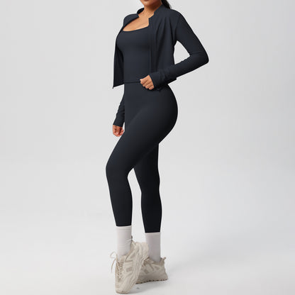Skinny Yoga Pants High Waist Nude Feel Camisole Sports Zip Long Sleeve Coat Workout Clothes Three Piece Set