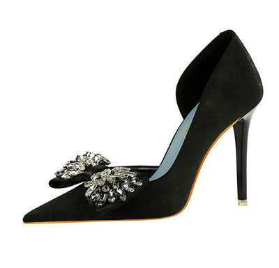 High Heels Stiletto Low Cut Pointed Side Hollow Out Cutout Cloth Surface Ultra High Heel Rhinestone Bow Pumps