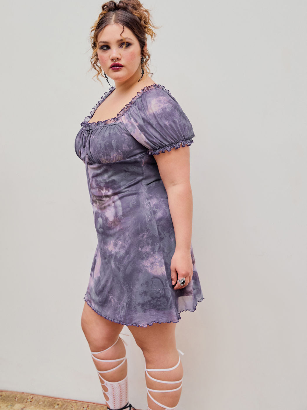 Plus Size Women Clothes Summer Square Collar High Waist Stretch Dress