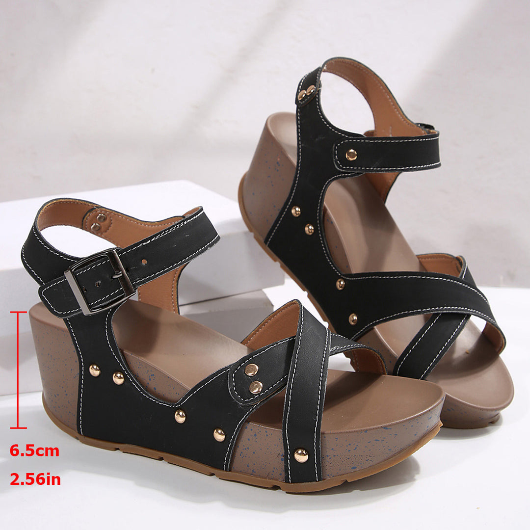 Cross Strap Platform Wedge Sandals Women Rivet Mid Heel Peep Toe Beach Sandals - GLAMWEARS