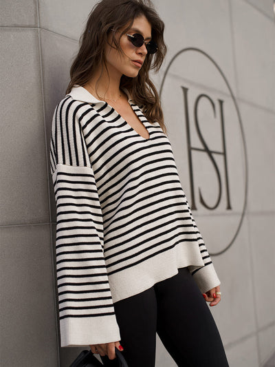 Black Striped Sweater Autumn Winter Polo Collar Striped Long Sleeve Loose Pullover Sweater Women