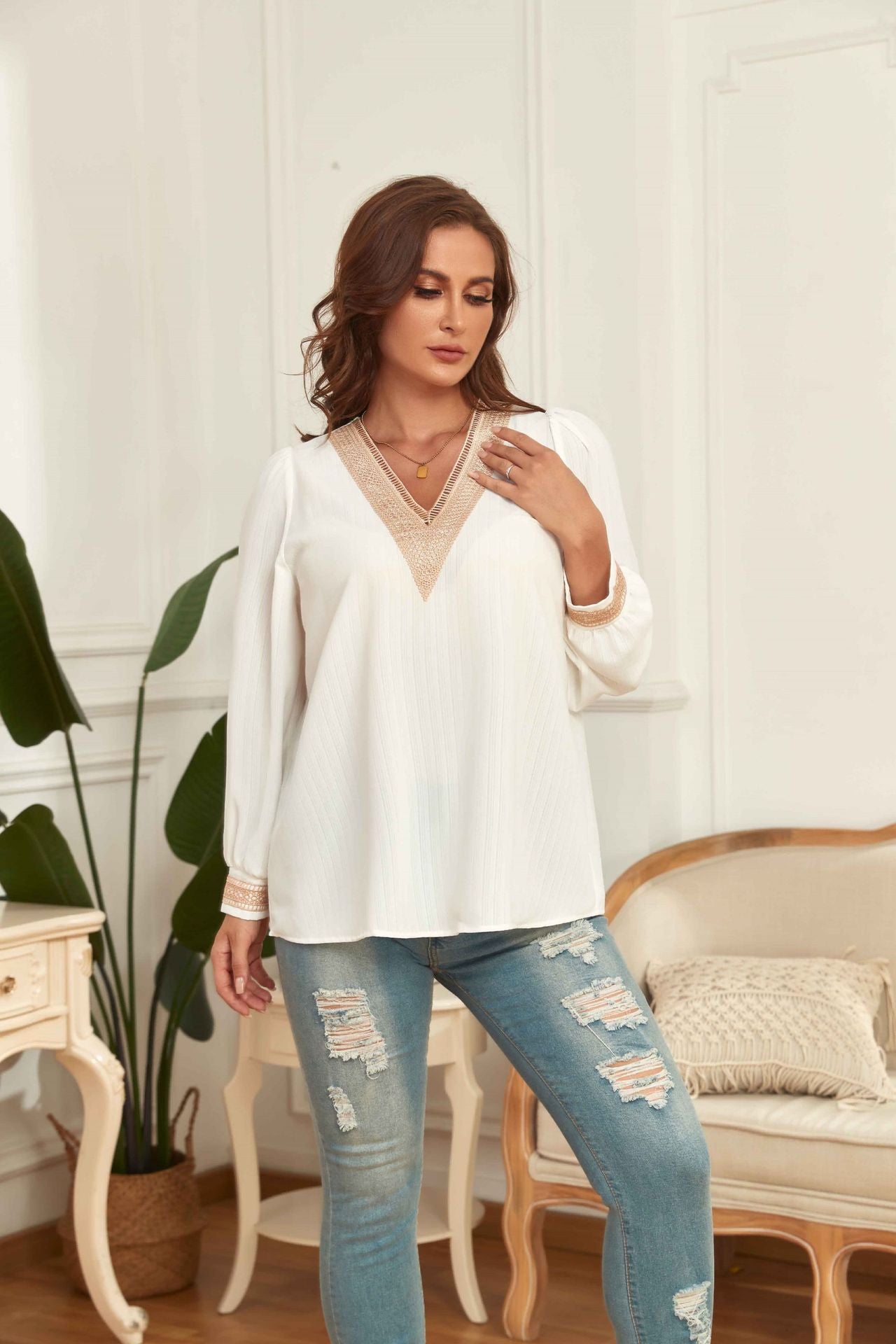 Plus Size Women Clothes Top Best-Selling V-neck Loose Long Sleeve Shirt