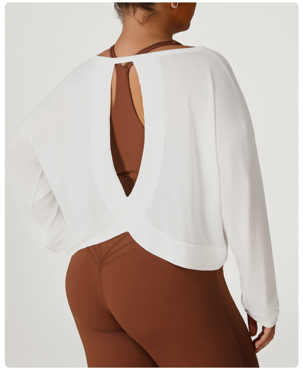 Plus Size Women Loose Sun Protection Long Sleeved Sports Blouse Women Backless Quick Drying Breathable Jacquard Yoga Workout Clothes Top