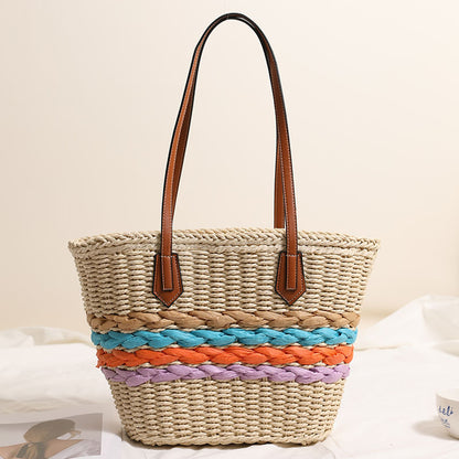 Bohemian One Shoulder Straw Bag Rainbow Stripes Straw Bag Woven Bag Vacation Beach Bag Women Bag